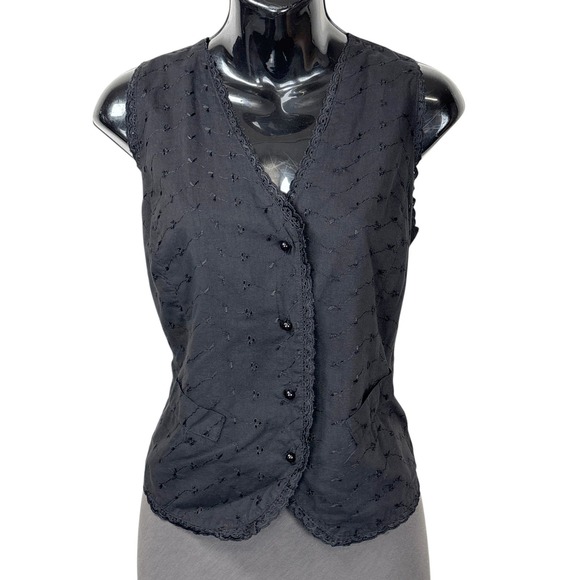 Vintage Sasson Black Embroidered Cotton Vest Medium Lace Trim Tie Back Top - Picture 1 of 5
